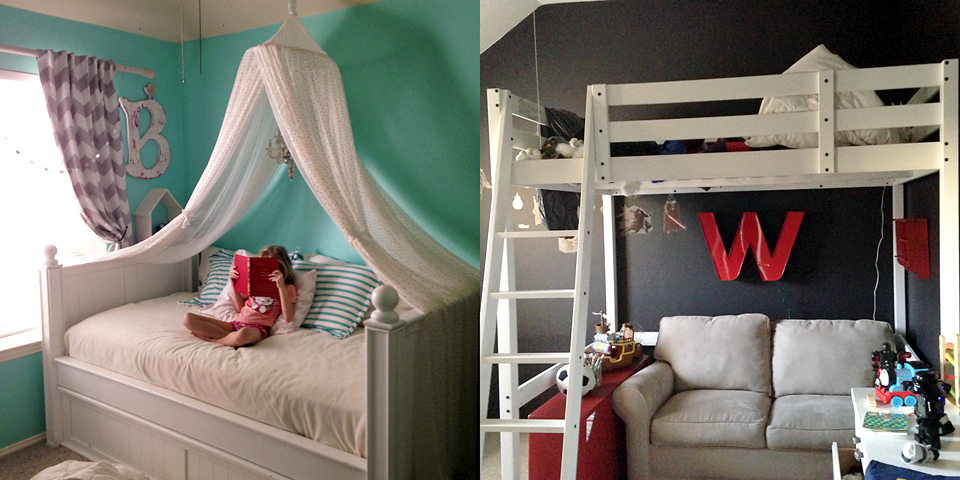 redecorated kids room with canopy and loft