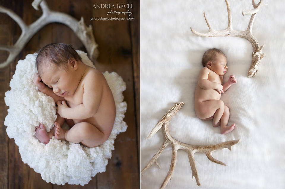 newborn surrounded by antlers